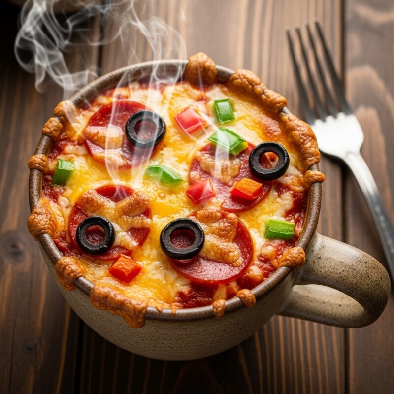 Steaming mug pizza with melted cheese, pepperoni, black olives, and bell peppers in a gray ceramic mug.
