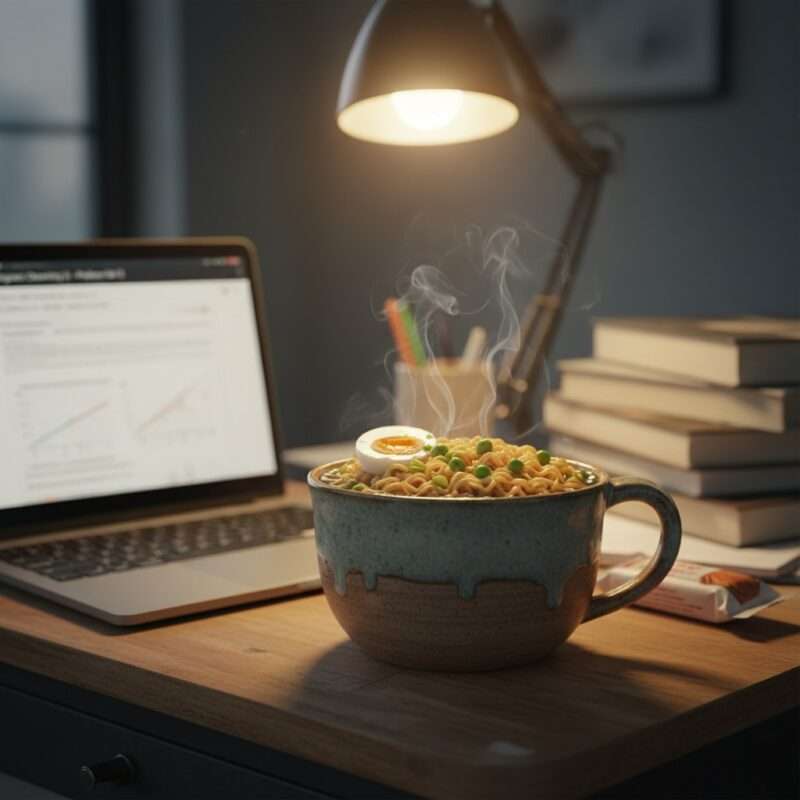 Quick microwave mug noodles with egg for students, easy one-container meal with no dishes to wash