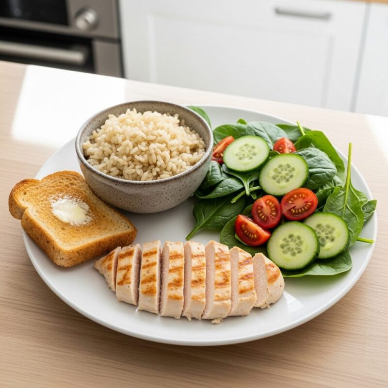 A complete, healthy breakfast featuring quick-to-make Easy Delicious Microwave Grilled Chicken and a fresh salad.