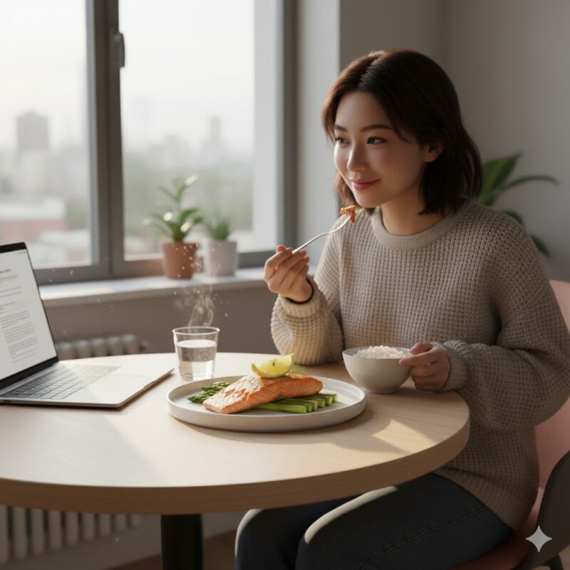Contented worker/student enjoying a fast, nutritious microwave salmon meal on a small table, emphasizing a healthy option for busy, lonely people.