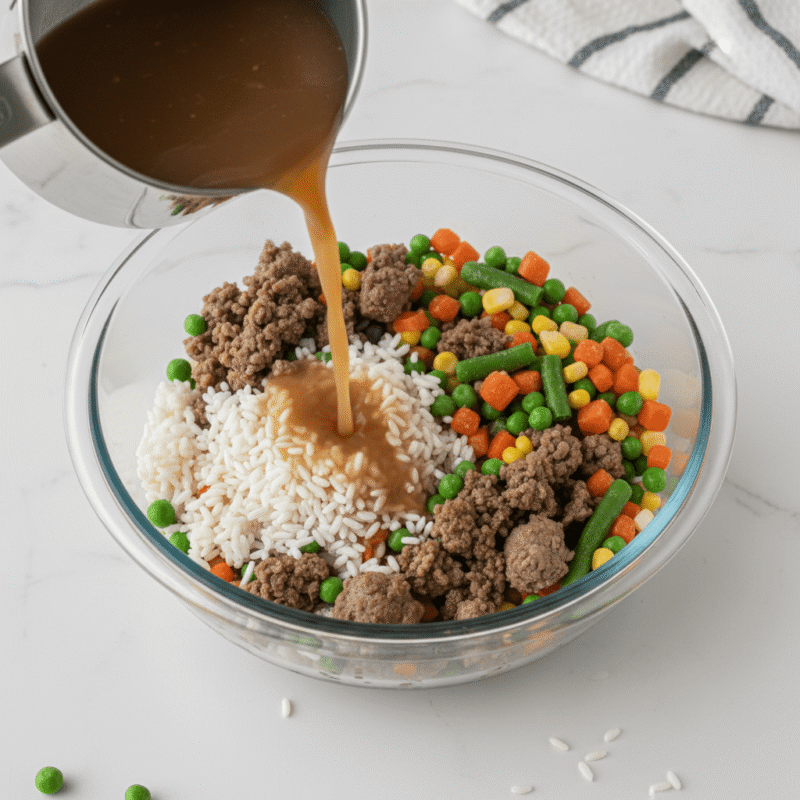 All ingredients for microwave beef and rice bowl combined in single microwave safe dish before cooking.