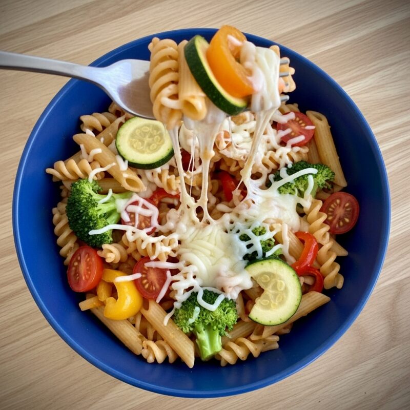 Close-up of a blue bowl of rotini pasta salad with vegetables and cheese, a fork lifting a bite.