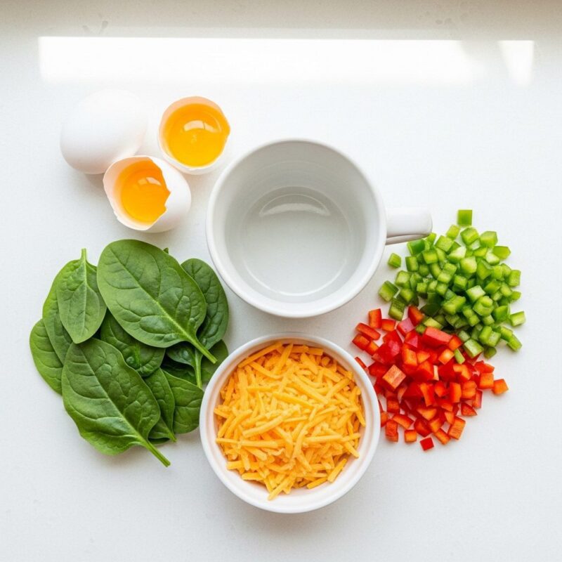 Overhead view of microwave breakfast ingredients laid out including eggs, shredded cheese, diced peppers, spinach, and a microwave-safe mug.