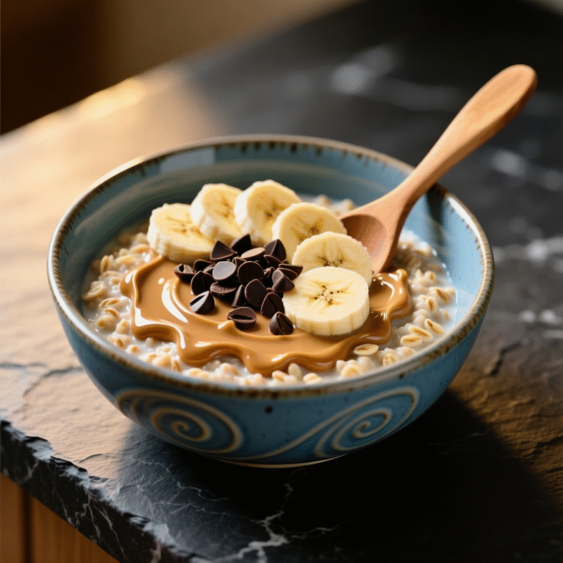 Peanut butter banana oats with chocolate chips and banana slices in blue ceramic bowl.