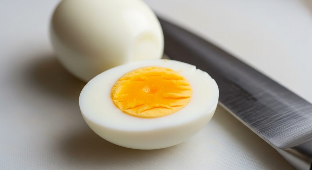 Cut hard boiled egg cooked in microwave showing perfectly cooked yellow yolk and firm white interior.
