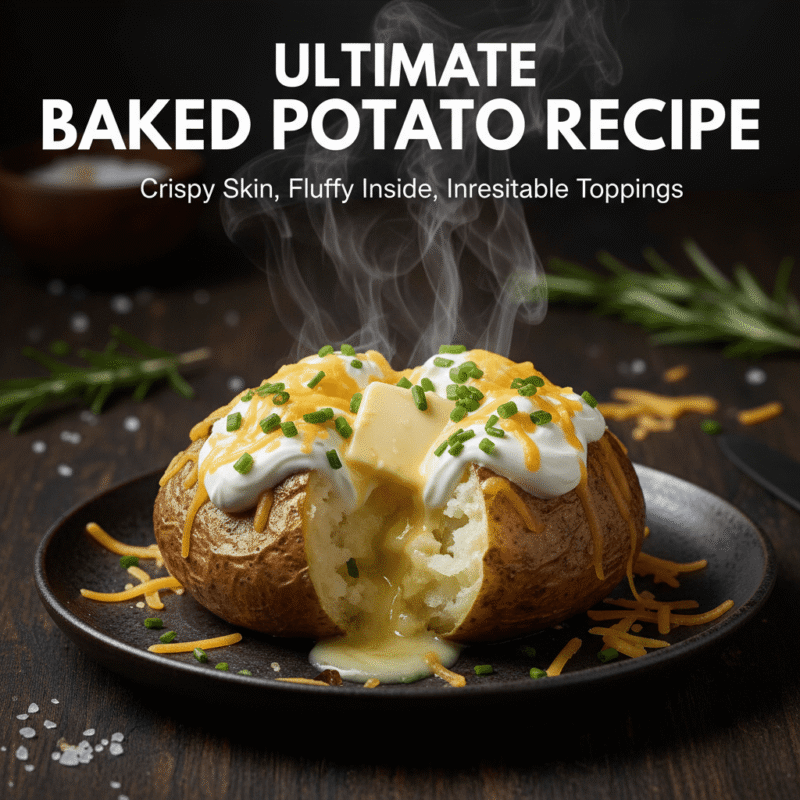Fluffy microwave baked potato with toppings - quick microwave oven recipe card for busy parent.