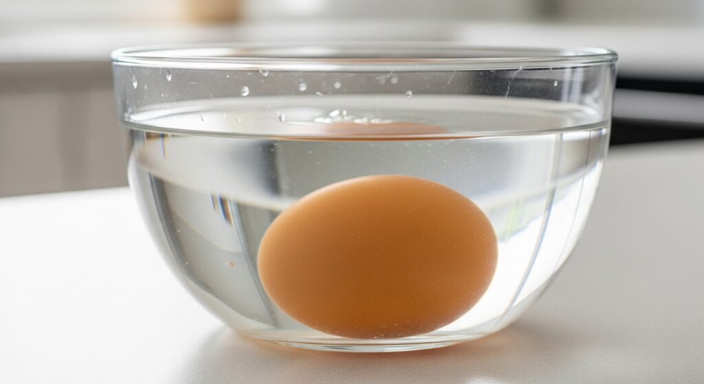 Raw egg completely submerged in water in microwave safe bowl showing proper water coverage level.