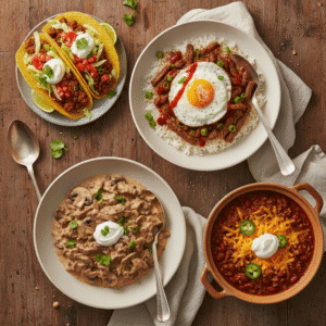 Four different microwave beef recipes including tacos rice bowl stroganoff and chili arranged on table.