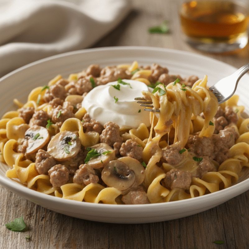 Microwave-Beef-Stroganoff-with-Egg-Noodles in ceramic bowl.