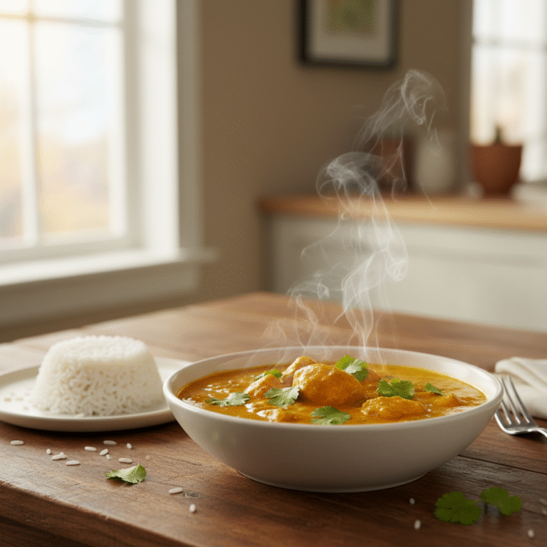 Microwave chicken curry in white bowl with rice, quick easy dinner recipe for busy families.