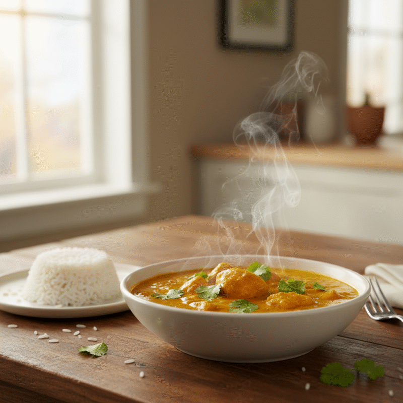 Microwave chicken curry in white bowl with rice, quick easy dinner recipe for busy families.