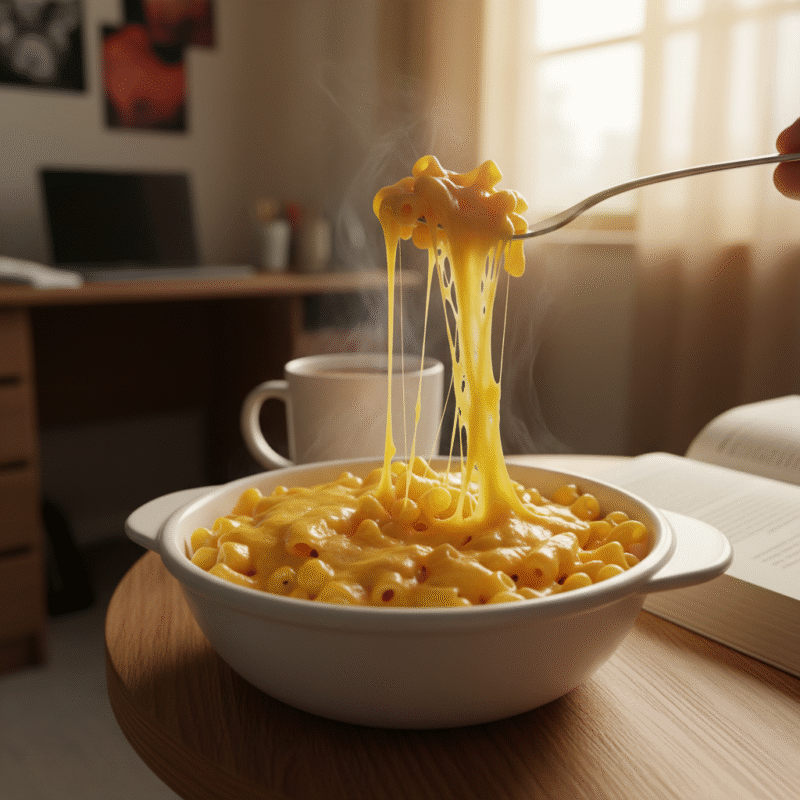 Microwave cheesy pasta with melted cheese showing easy comfort food recipe made in microwave.
