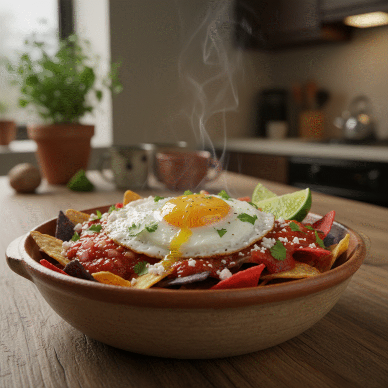 Microwave chilaquiles with fried egg and melted cheese in ceramic bowl on wooden table, showing easy homemade Mexican food for students abroad.