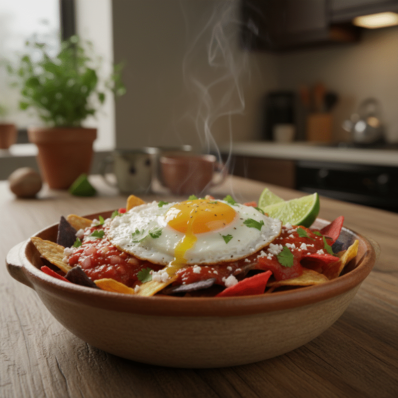 Microwave chilaquiles with fried egg and melted cheese in ceramic bowl on wooden table, showing easy homemade Mexican food for students abroad.