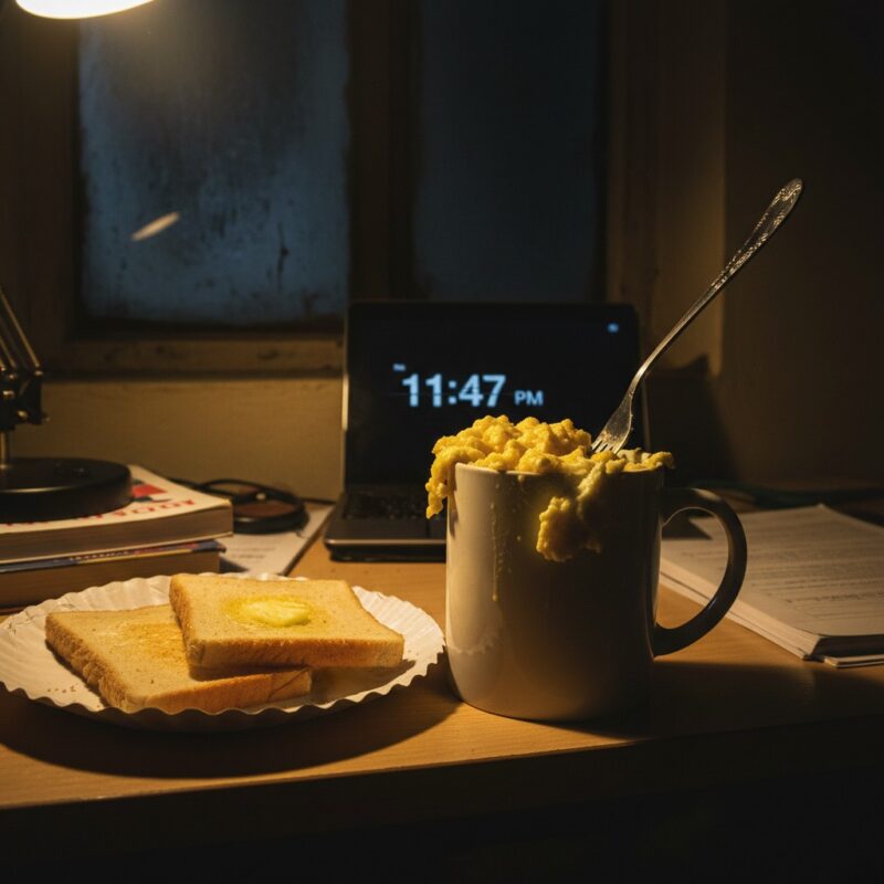 Microwave scrambled eggs in mug showing fast late-night protein meal for hostel residents migrant workers students quick cooking.
