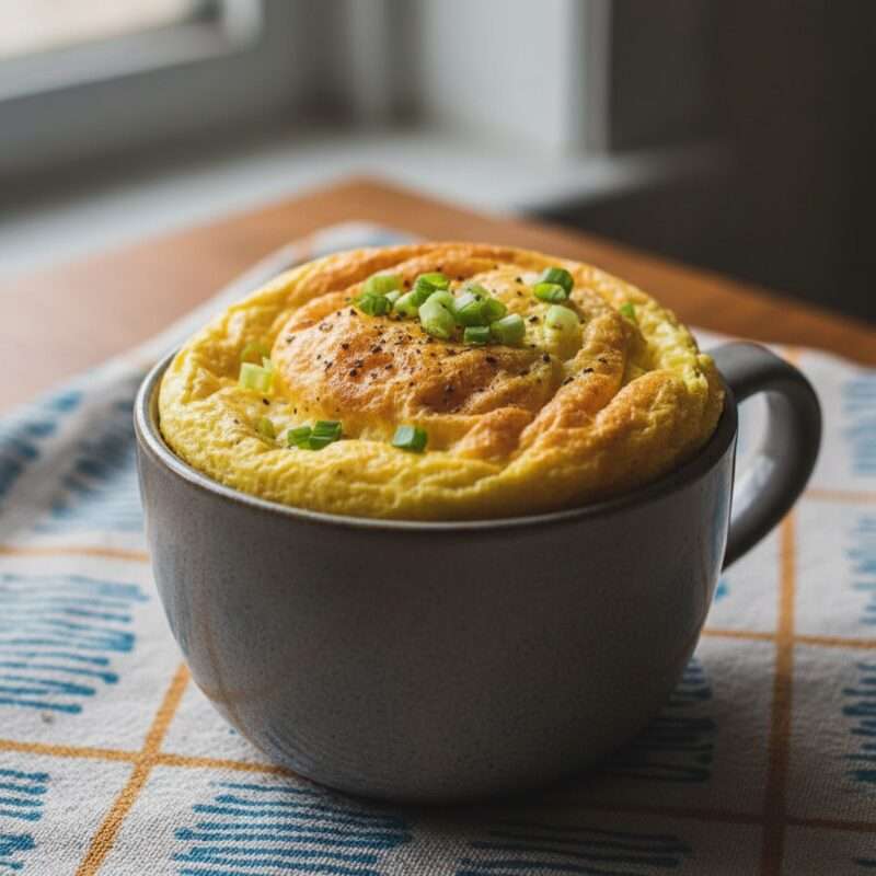  Fluffy mug omelet topped with chopped green onions and black pepper in gray ceramic mug on checkered kitchen towel.