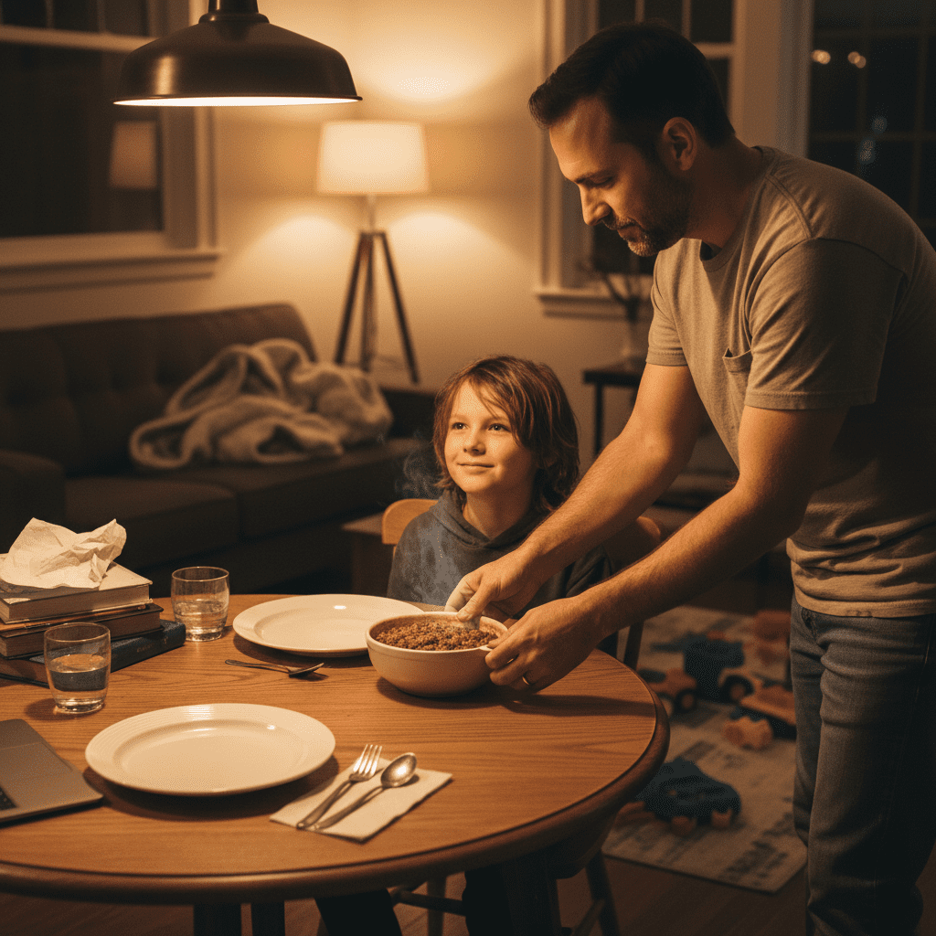 Parent serving microwave beef chili for easy weeknight family dinner at home table.