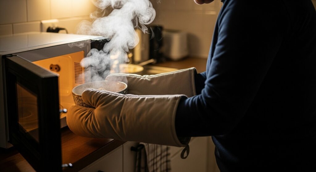 Hands with oven mitts safely removing hot steaming food bowl from microwave oven after cooking.