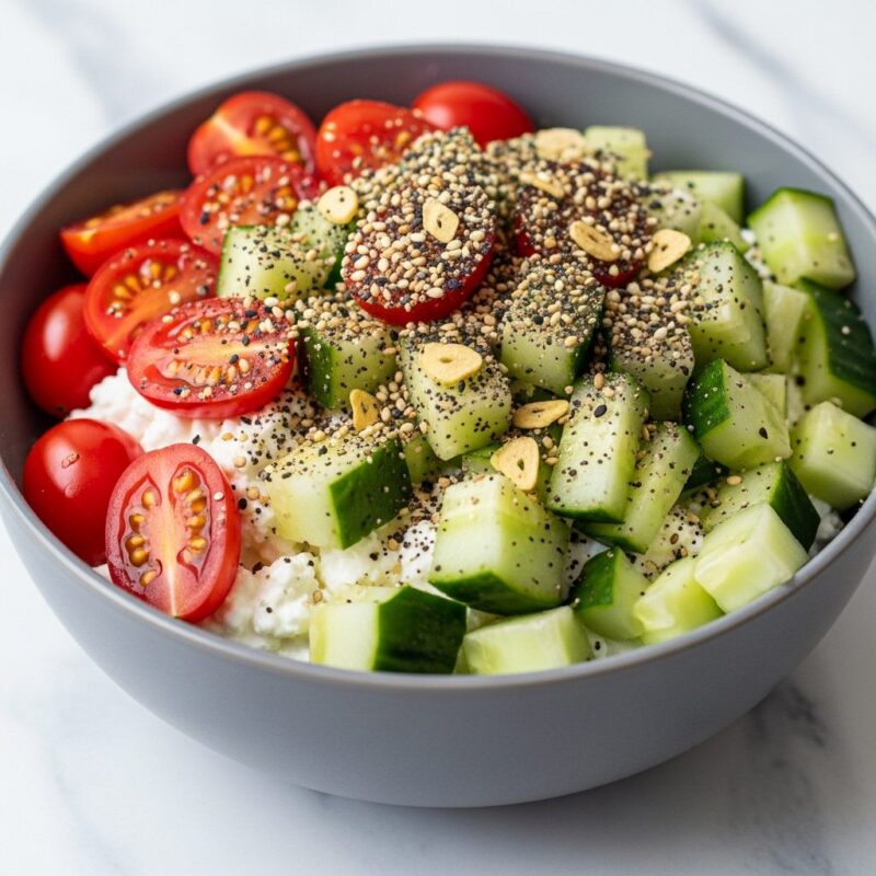 Savory cottage cheese breakfast bowl with cucumber, tomatoes, and everything bagel seasoning.