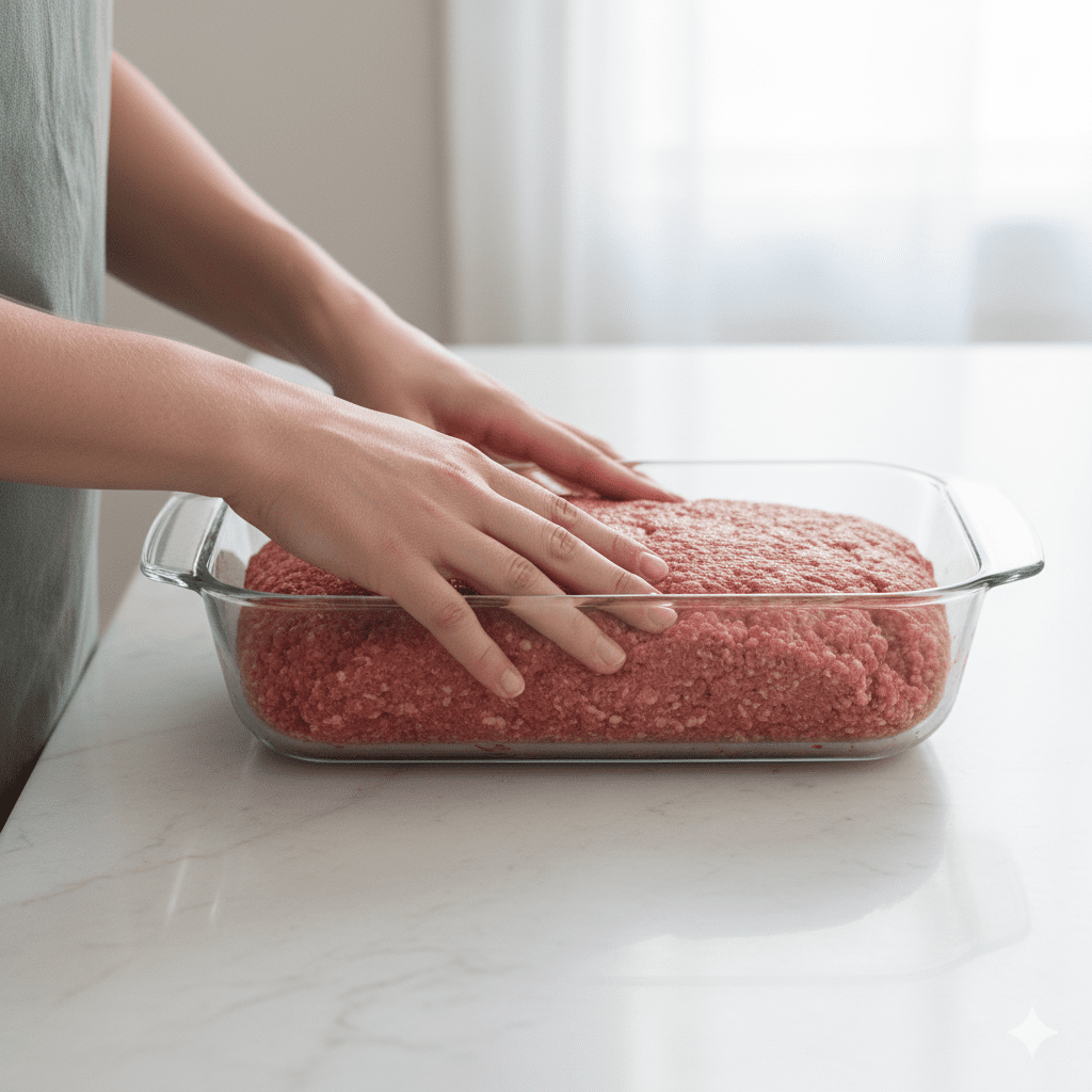 Hands forming ground beef mixture into loaf shape in glass microwave safe pan for microwave meatloaf recipe.