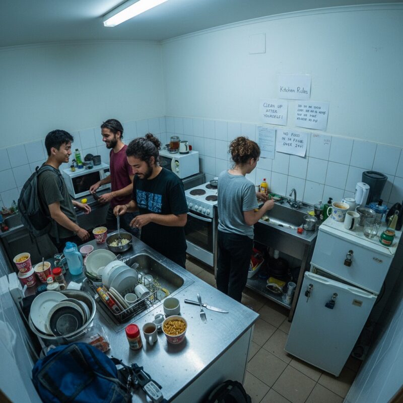 Crowded shared hostel kitchen with international students and migrant workers showing real cooking conditions in budget accommodation.