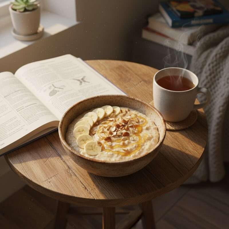 Budget-friendly oatmeal breakfast bowl with banana and nuts for students, cheap homemade meal costing less than dollar.