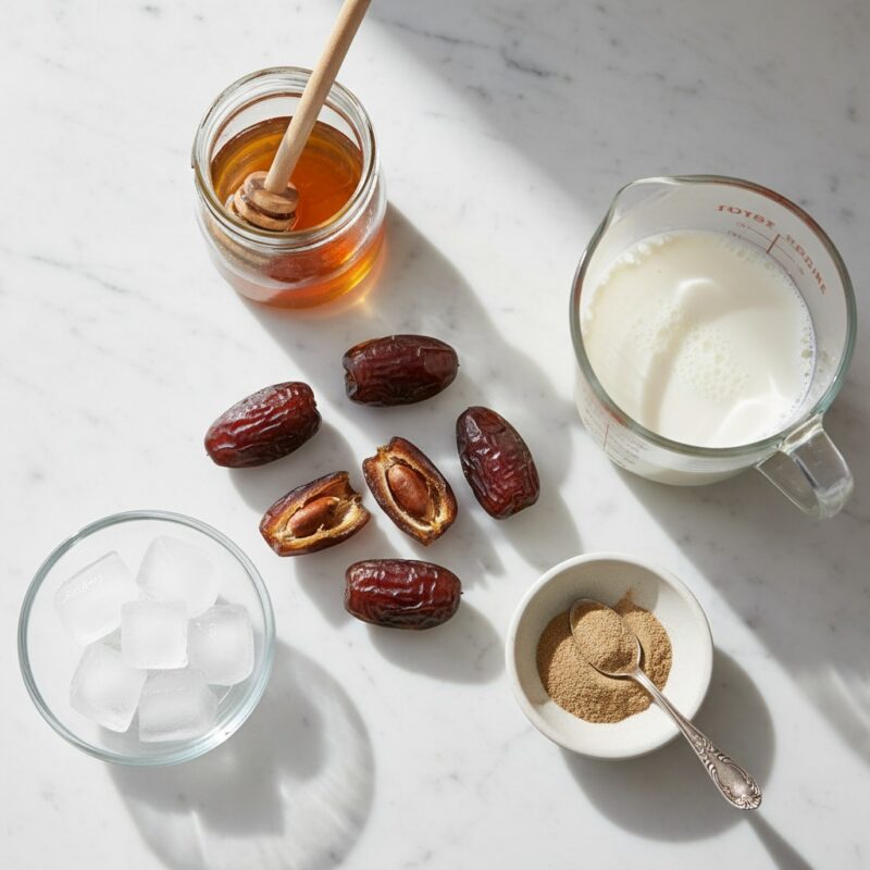 Date milkshake ingredients including Medjool dates, milk, cardamom, and ice cubes arranged on marble countertop.