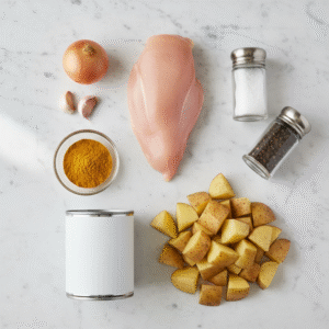 Microwave chicken curry ingredients laid out including chicken, curry powder, coconut milk, and vegetables.