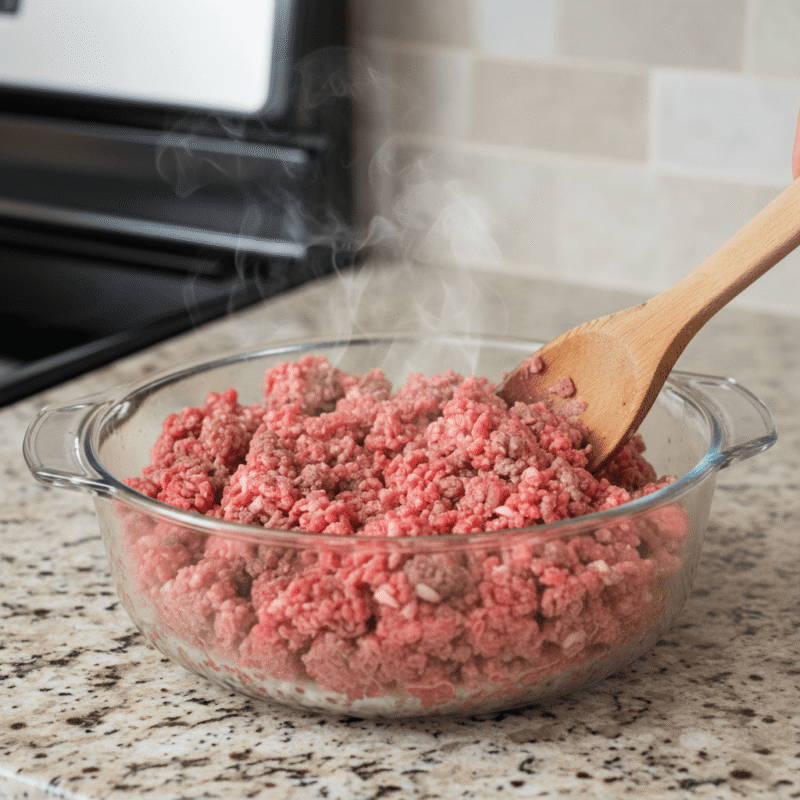 Hand stirring partially cooked ground beef in glass microwave safe bowl showing proper cooking technique.