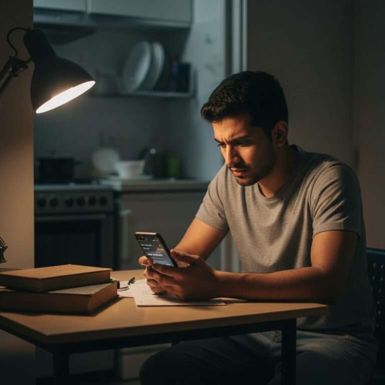 Young international student checking takeout delivery prices on phone in small apartment, calculating meal costs