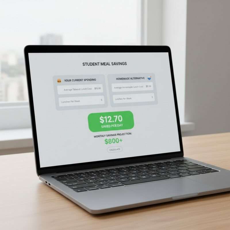 Interactive student meal cost calculator tool displaying comparison between homemade meals and takeout expenses with savings breakdown.