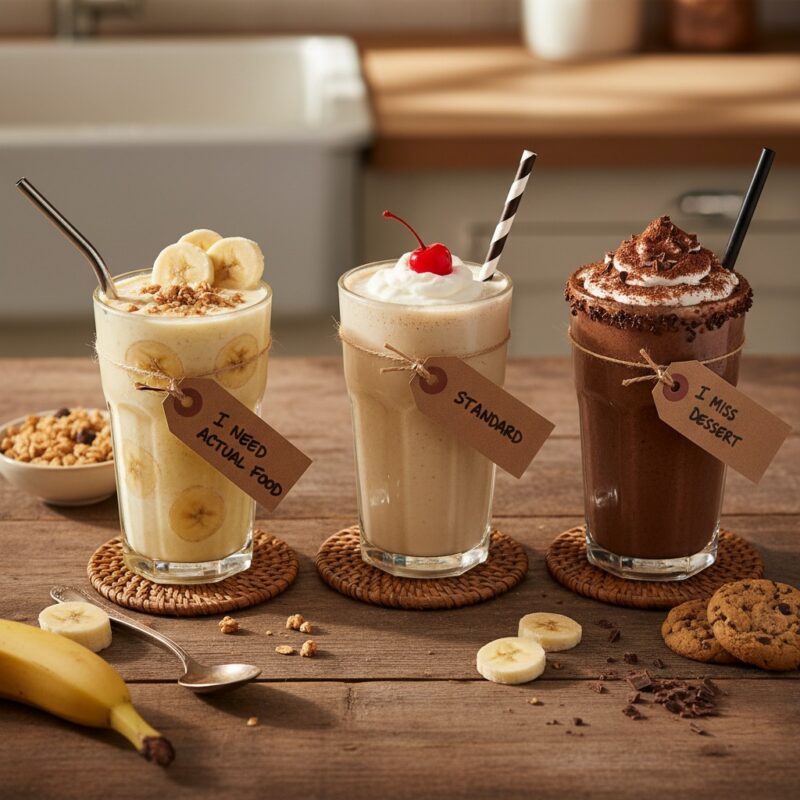 Three date milkshake variations showing banana protein shake, classic date shake, and chocolate dessert version for Ramadan.
