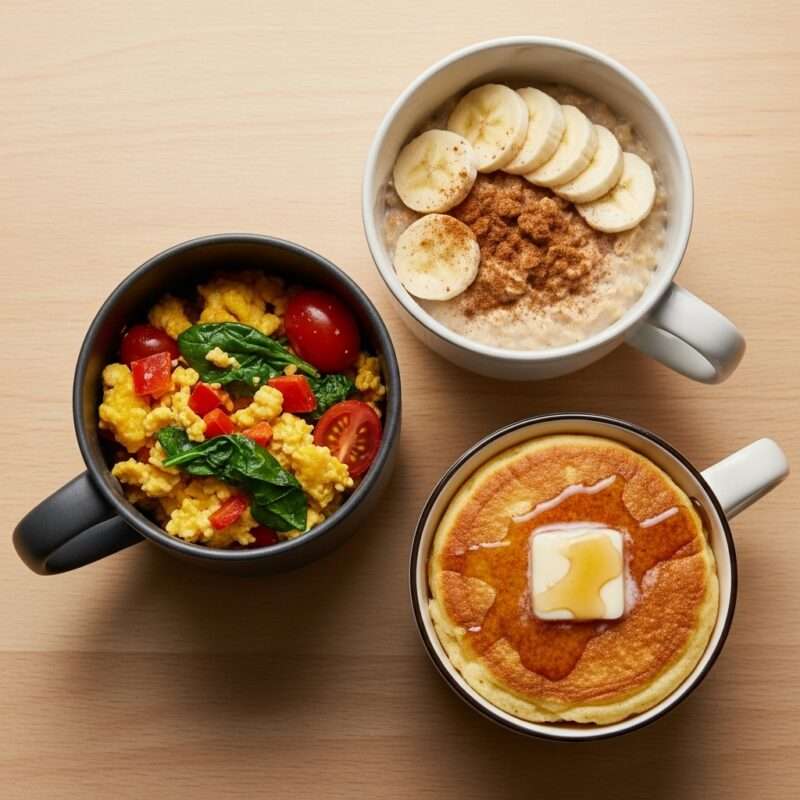 Three microwave mug meals: oatmeal with banana slices and cinnamon, scrambled eggs with spinach and tomatoes, and mug pancake with butter and syrup.