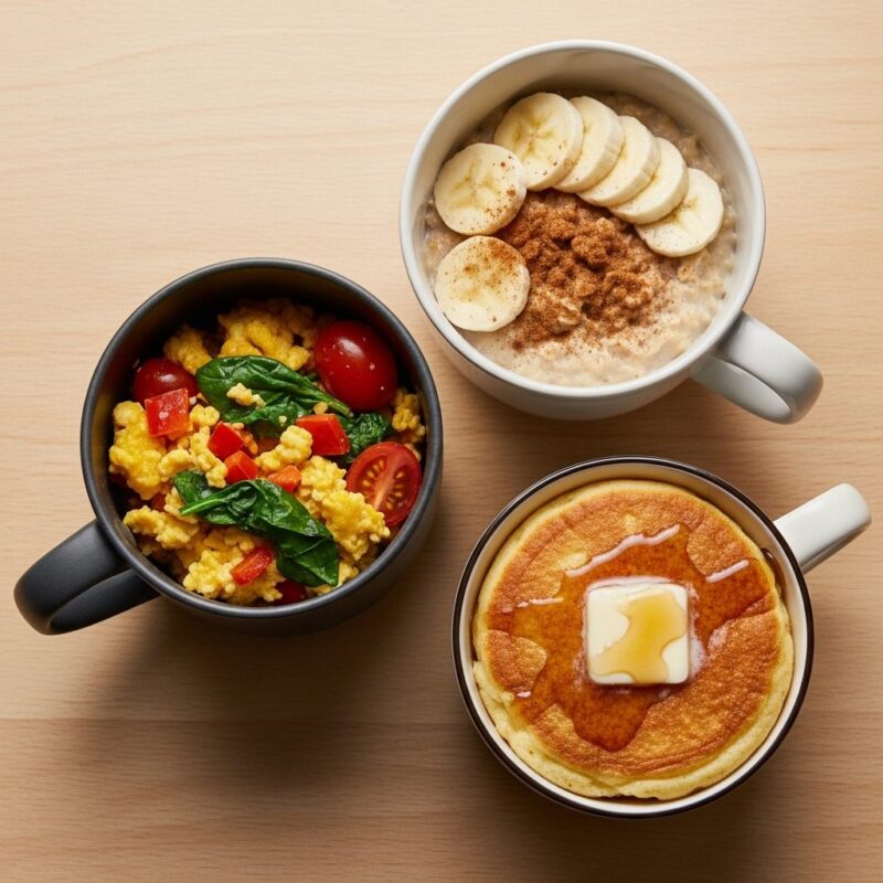 Three different microwave breakfast mugs arranged on a wooden table showing scrambled eggs, oatmeal, and pancake variations.