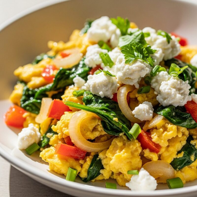 Colorful veggie loaded breakfast scramble with peppers, spinach, and feta cheese in white bowl.