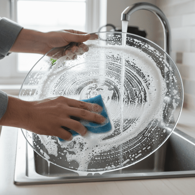 Cleaning the microwave glass turntable plate in the sink for a complete clean.