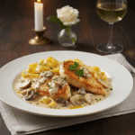 Creamy mushroom chicken in white sauce made entirely in microwave