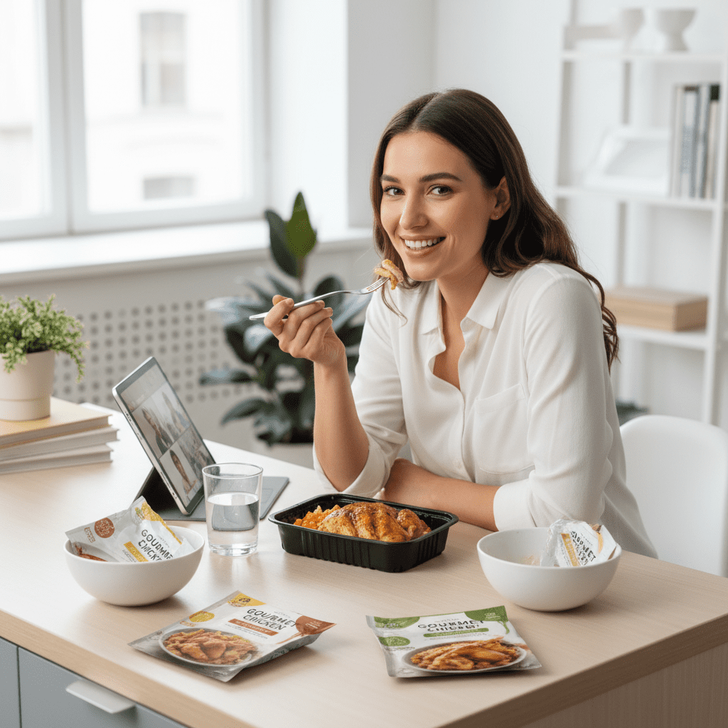 Happy person enjoying delicious chicken meal cooked entirely in microwave.
