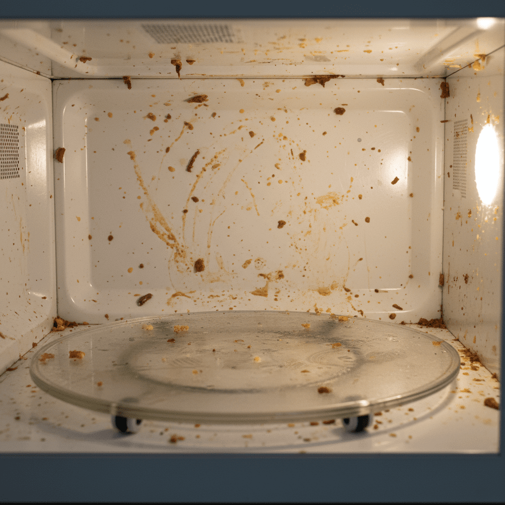 A dirty microwave with baked-on food splatter and stains that needs a quick and easy clean.