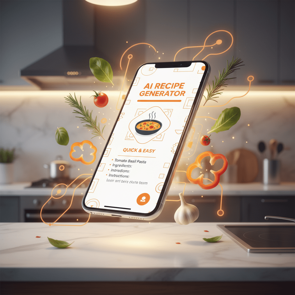 A smartphone floating in a modern kitchen, screen showing a beautifully designed recipe card with "AI Recipe Generator"