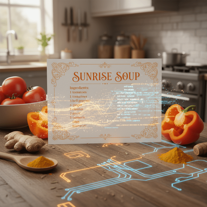 A modern, minimalist digital kitchen interface showing a beautiful recipe card being generated by AI.