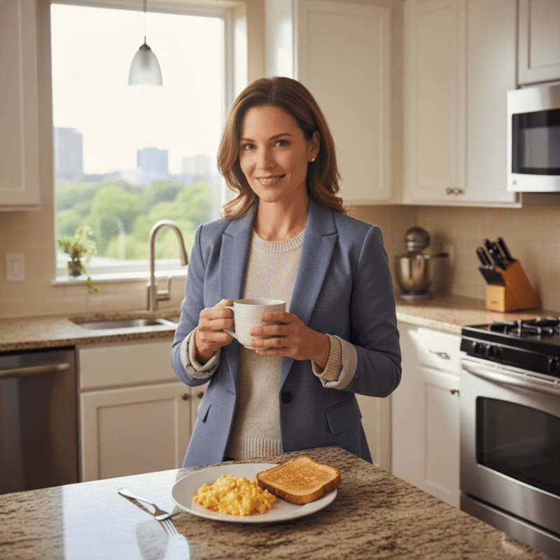  A busy professional enjoys a relaxed morning with a nutritious breakfast made quickly in the microwave.