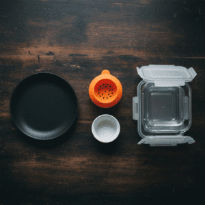Essential microwave-safe cookware including glass containers, a silicone poacher, and ceramic ramekins for easy cooking.