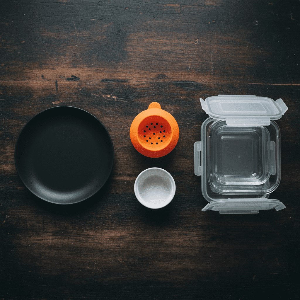 Essential microwave-safe cookware including glass containers, a silicone poacher, and ceramic ramekins for easy cooking.