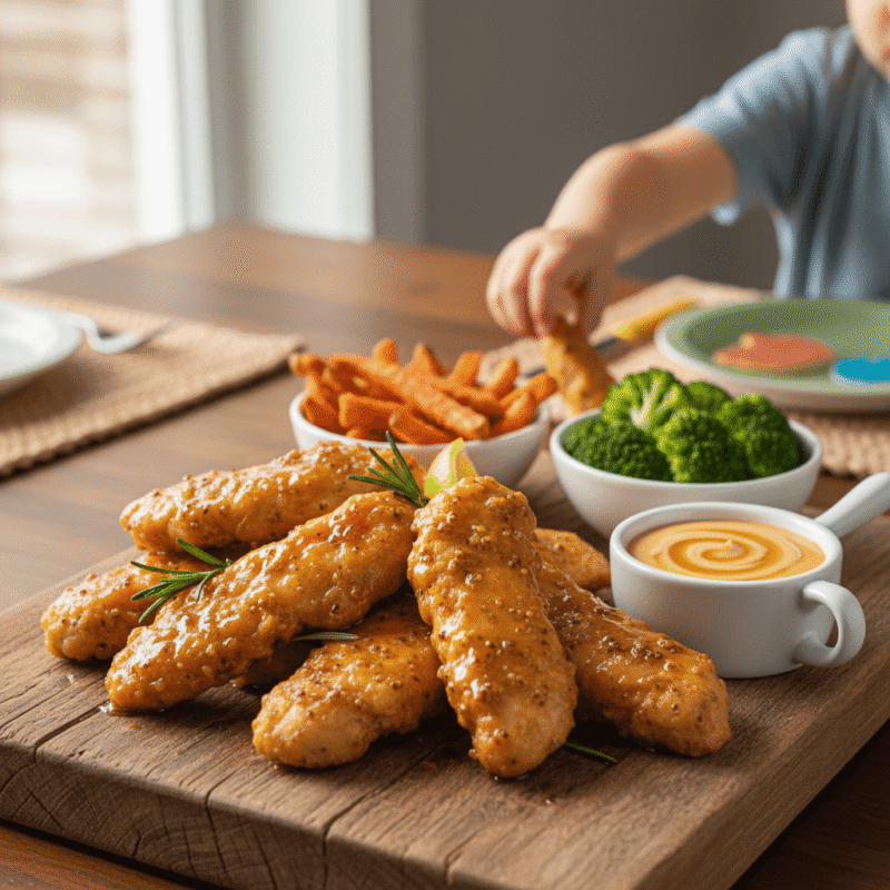Kid-friendly honey mustard chicken tenders made quickly in microwave.