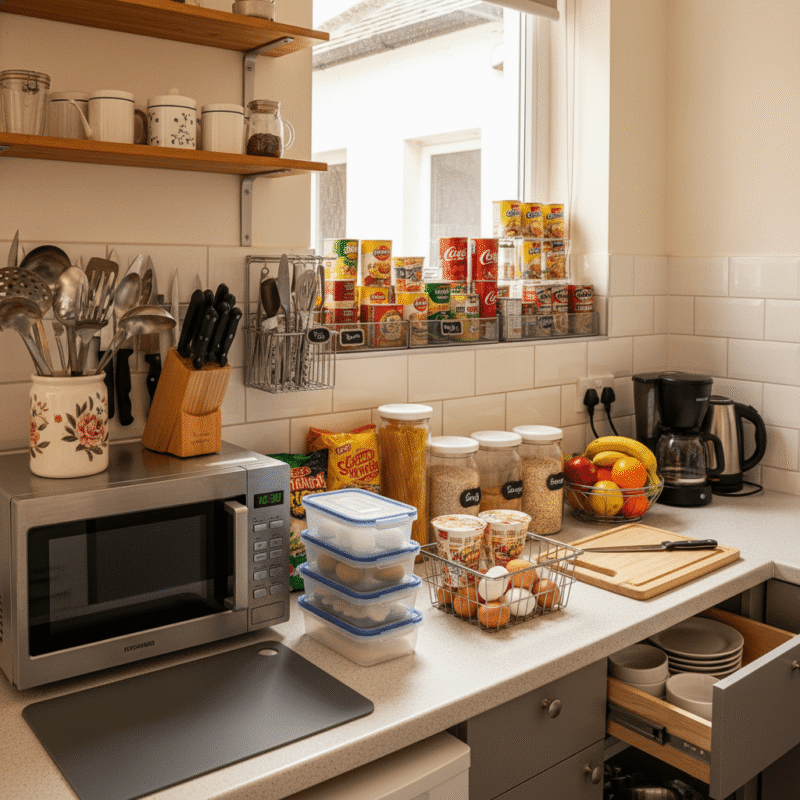 Organized hostel kitchen setup with microwave and essential cooking tools for students.