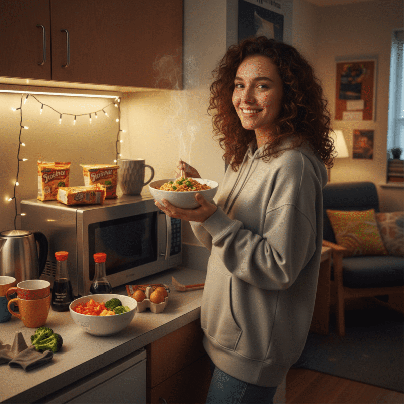 College student preparing quick microwave meal in hostel kitchen with simple ingredients.