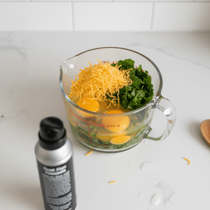 Ingredients for classic cheese and spinach egg bites in a microwave-safe mug, ready to cook.