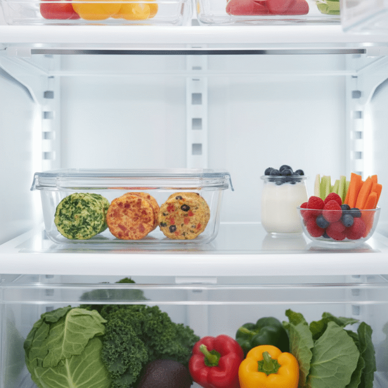 Meal prep make-ahead microwave egg bites stored in a glass container for a quick breakfast all week.