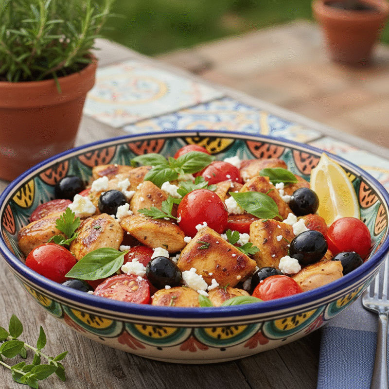 Mediterranean chicken with tomatoes, olives and feta cheese cooked in microwave.